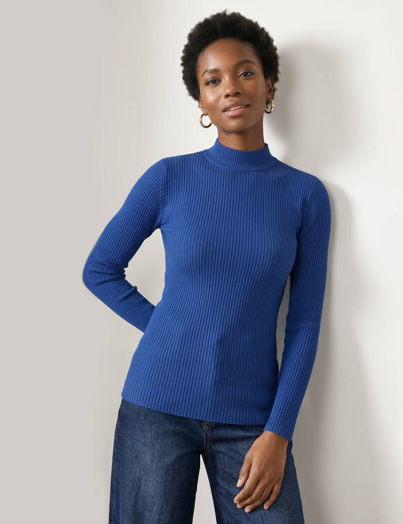 Pull col montant long, maille c&ocirc;tel&eacute;e (bleu vif)