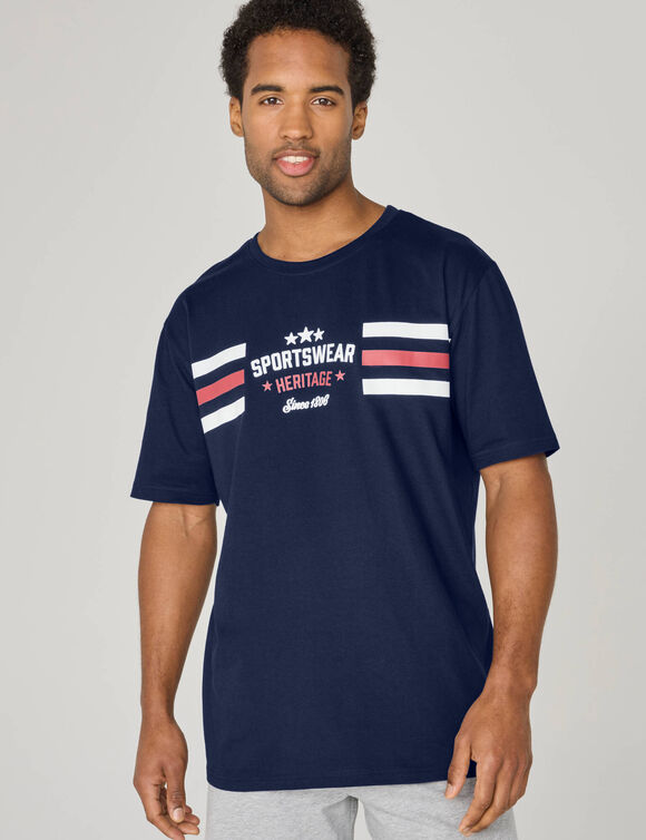 T-shirt met pyjamamotief en strepen, korte mouwen (marine)