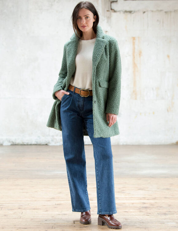 Manteau maille bouclette col tailleur (vert gris&eacute;)