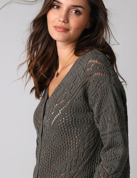 Gilet boutonn&eacute; en coton ajour&eacute; manches longues (kaki)