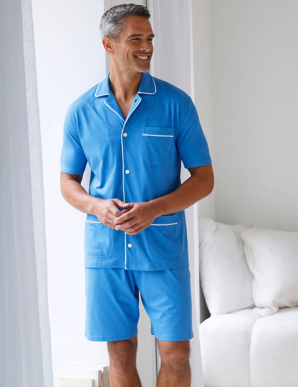 Pyjama short veste boutonnée jersey coton uni (bleu)