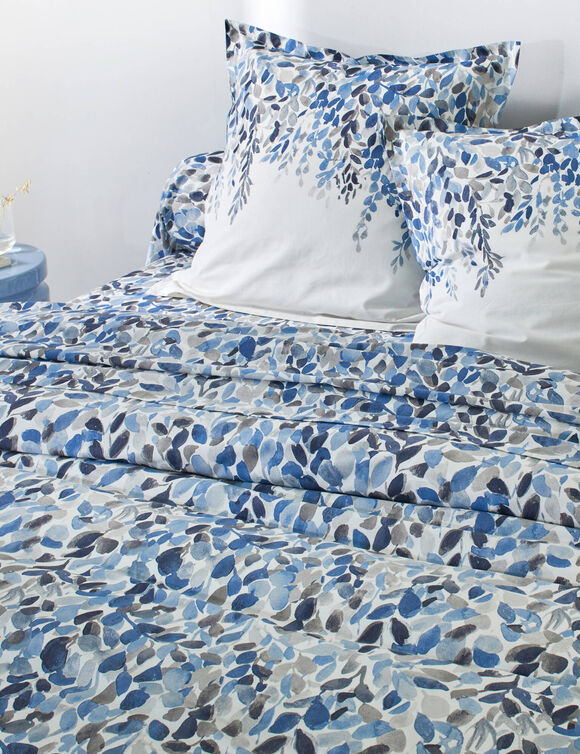 Linge de lit L&eacute;onie imprim&eacute; v&eacute;g&eacute;tal - coton 57 fils/cm&sup2; (&eacute;cru / bleu)