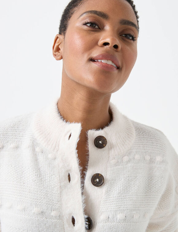 Cardigan boutonné maille poilue fantaisie (écru)
