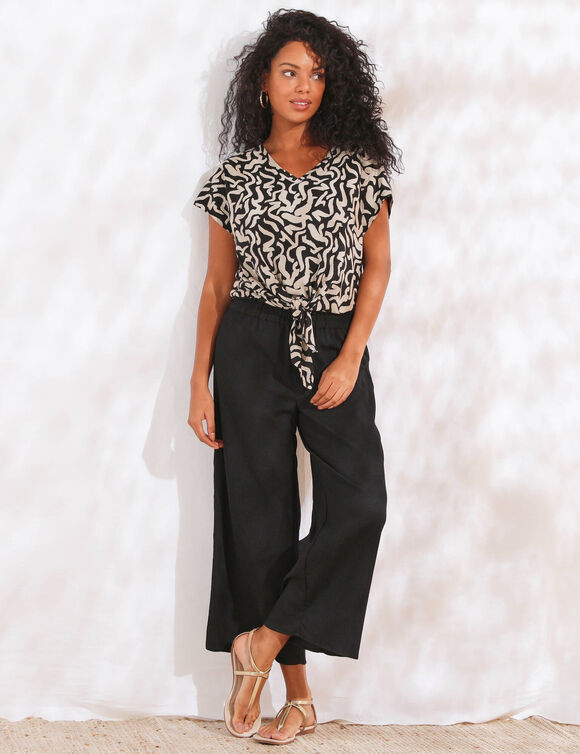 Pantalon large uni, effet seersucker (noir)