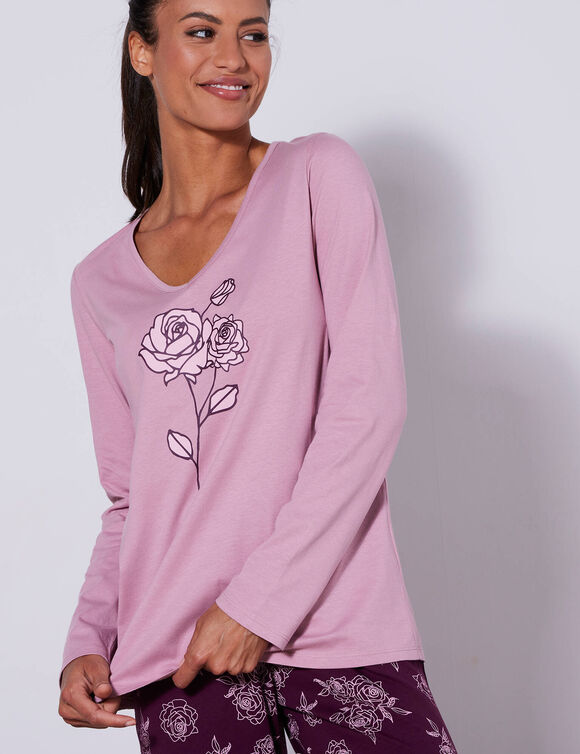 Pyjama en coton manches longues imprim&eacute; roses (prune / rose)