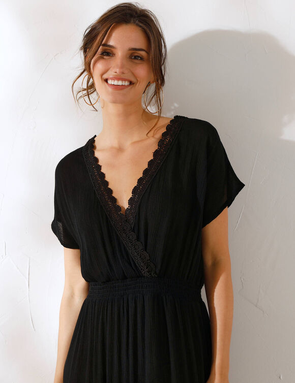 Robe longue crépon, détail macramé (noir)