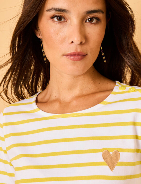 T-shirt marinière broderie coeur doré en coton biologique(**) (blanc / anis)