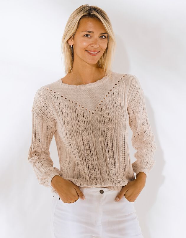 Trui met festonrand aan de hals, fantasie ajourtricot (vlaskleur)