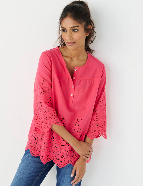 Effen bloes met 3/4-mouwen, broderie anglaise (framboos)