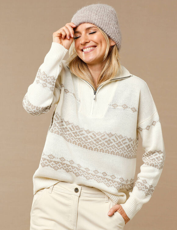 Pull jacquard, col camionneur zippé (écru / beige)