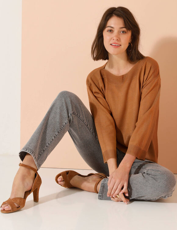 Pull col bateau manches 3/4, toucher doux (noisette)