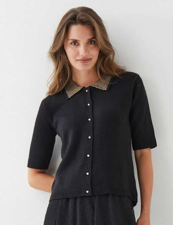 Vest met knopen, polokraag met glanzende draden, jacquard-breisel (zwart / goudkleurig)