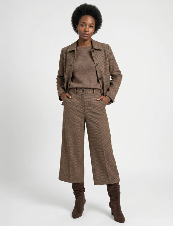 Pantalon taille haute &agrave; carreaux, effet jupe-culotte (marron)