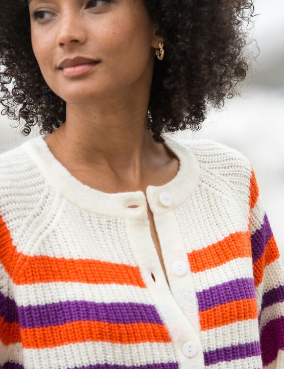 Gestreepte cardigan met knoopsluiting (ecru / violine)
