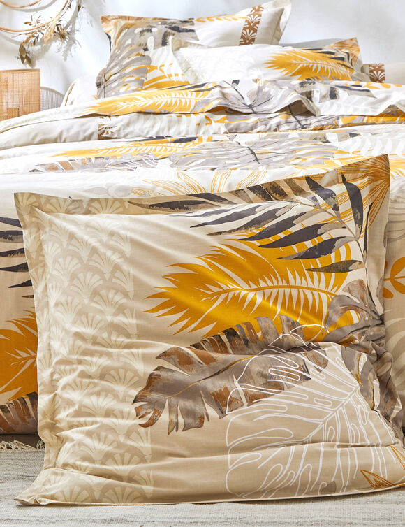 Linge de lit Cayenne en coton imprimé feuilles de palmiers (beige)