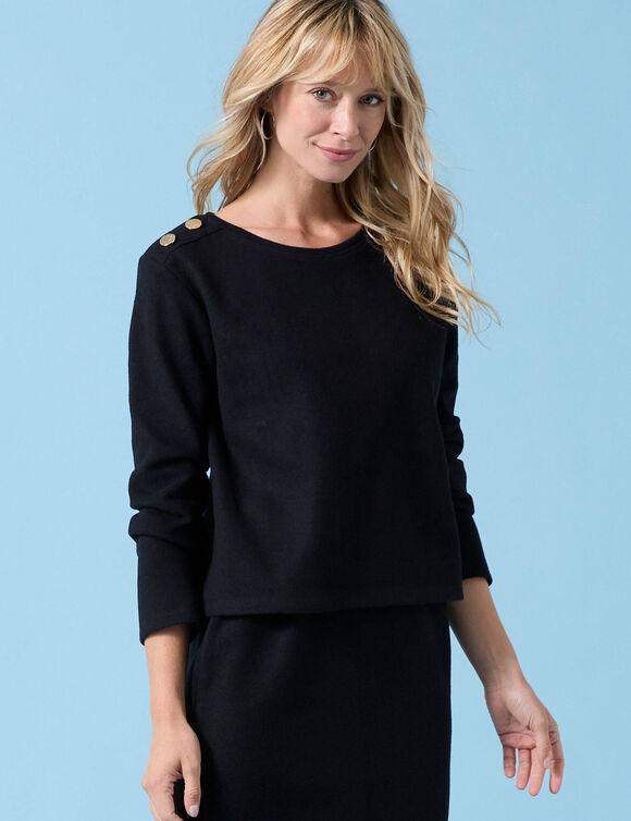 T-shirt Spécial Petites uni, détails boutons sur l'épaule, maille grattée (noir)