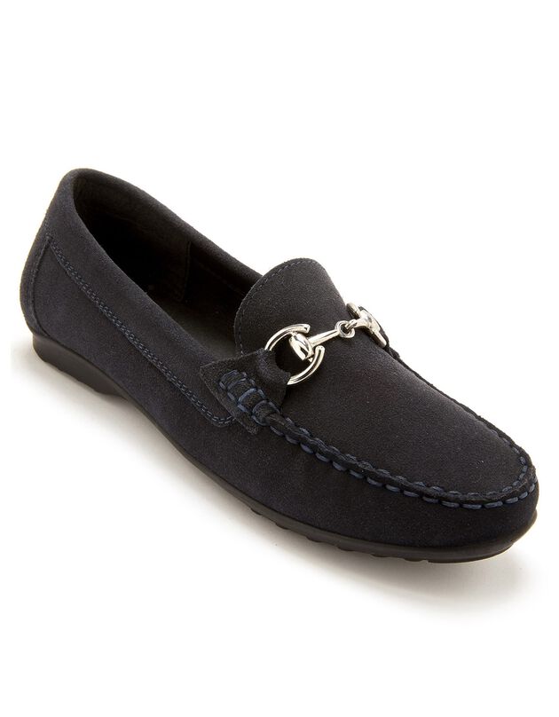 Mocassin largeur confort en cuir velours à mors métallique femme - marine, marine Mocassin largeur confort en cuir velours à mors métallique femme - marine, marine, hi-res