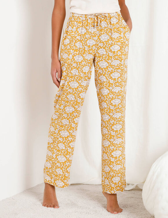 Pantalon de pyjama imprimé fleurs "Laurette" (curry / écru)