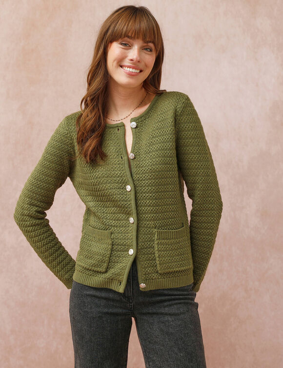 Cardigan uni maille fantaisie (vert olive)
