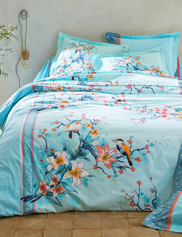 Linge de lit Birdy en coton imprimé oiseaux (lagon)