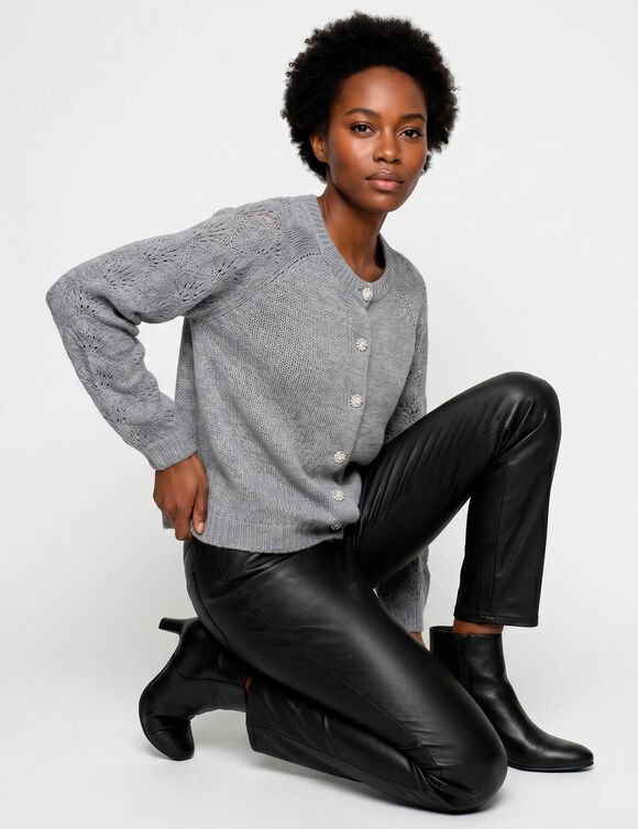 Cardigan boutons "bijoux" (gris chin&eacute;)