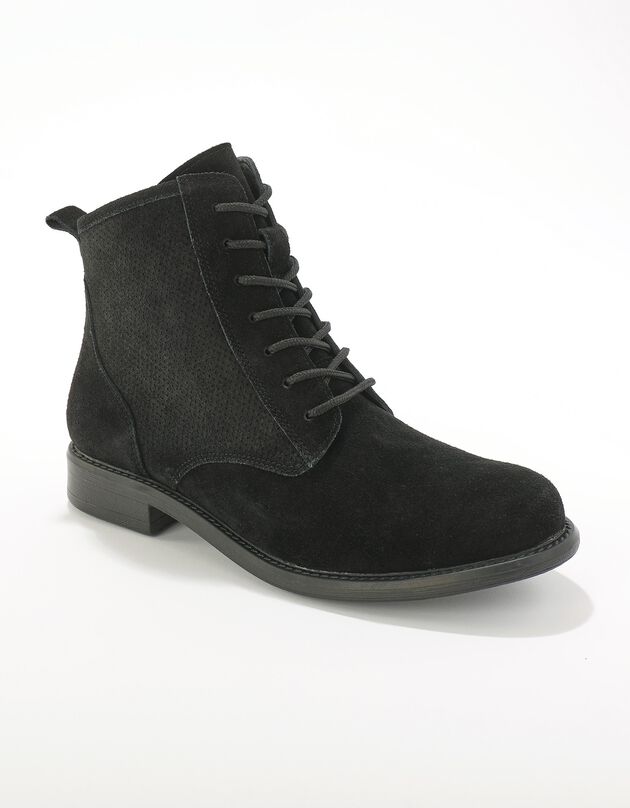 Bottines met hoge schacht en veters, splitleer met details in reliëf (zwart)