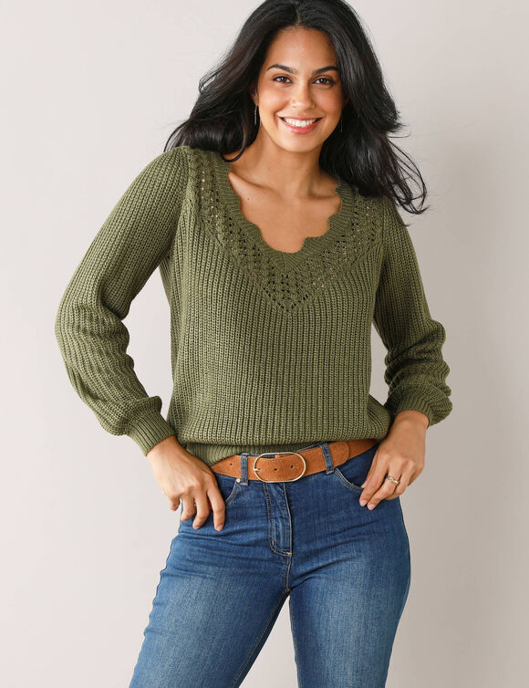 Pull détails ajourés, maille perlée (kaki)