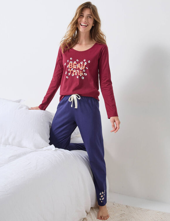 Tee-shirt manches longues coton uni imprimé placé "Beautiful" (bordeaux)