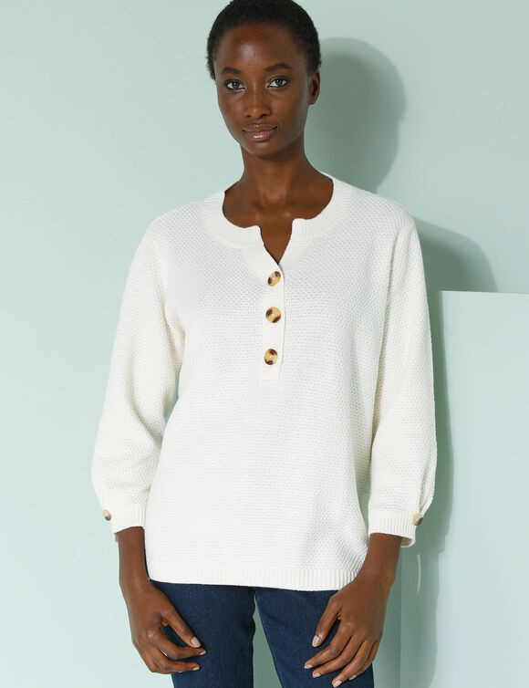 Pull col tunisien manches 3/4, maille fantaisie (écru)