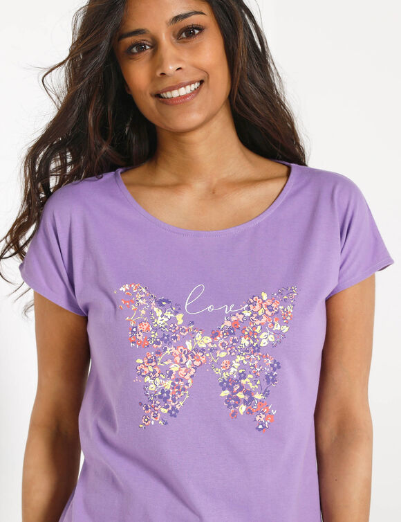 T-shirt manches courtes, imprim&eacute; plac&eacute; "papillon" (parme)