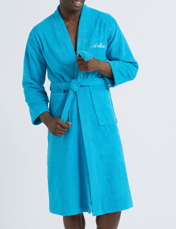 Effen badjas voor volwassenen met kimono-kraag, gepersonaliseerd &ndash; lusjesbadstof 380 g/m&sup2; (turkoois)