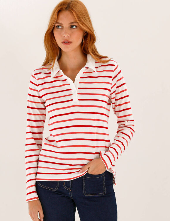 T-shirt ray&eacute; col polo, maille jersey (&eacute;cru / rouge)