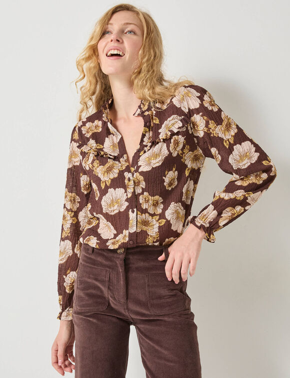 Blouse volantée imprimée floral, crépon (chocolat)