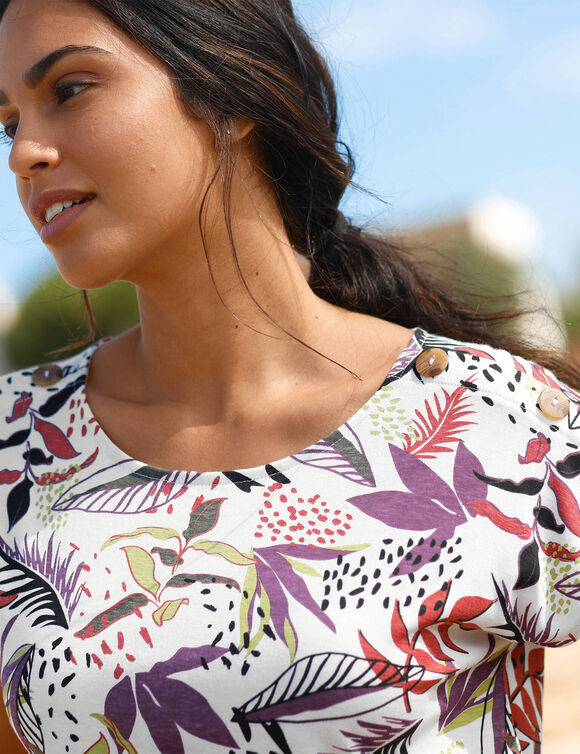 T-shirt col rond imprimé tropical (écru / violine)