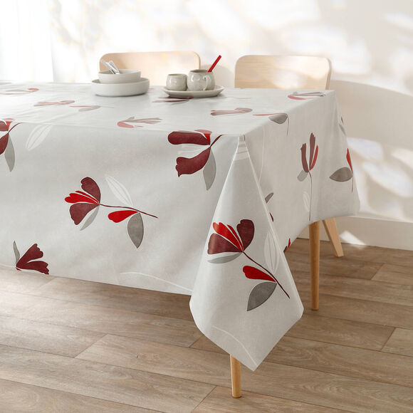 Tafelzeil van gewaxt katoen met bloemenprint (grijs / rood)