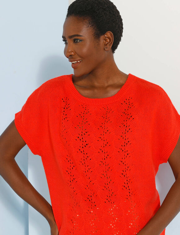 Pull manches courtes, maille ajourée (orange)