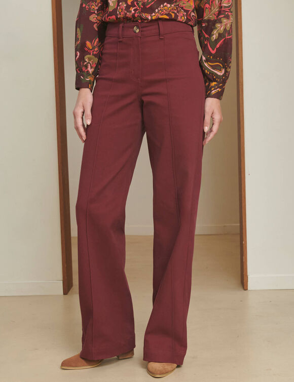 Pantalon large d&eacute;tails plis piqu&eacute;s, petite stature (bordeaux)