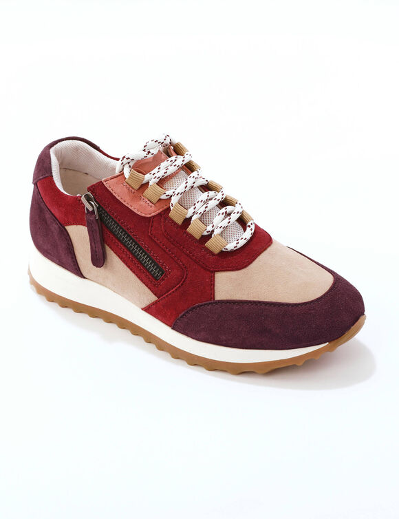 Leren sneakers met contrasterende fantasiepasjes (beige / bordeaux)