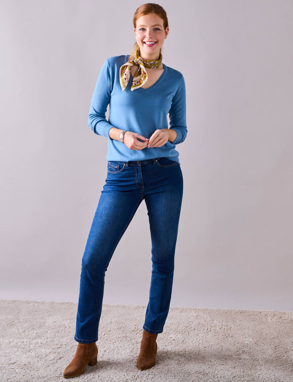 Pull col V, toucher doux (bleu grisé)