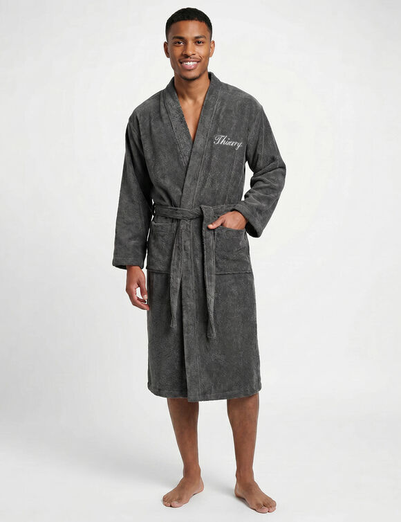 Peignoir mixte adulte uni col kimono personnalis&eacute; - &eacute;ponge bouclette 380 g/m&sup2; (anthracite)