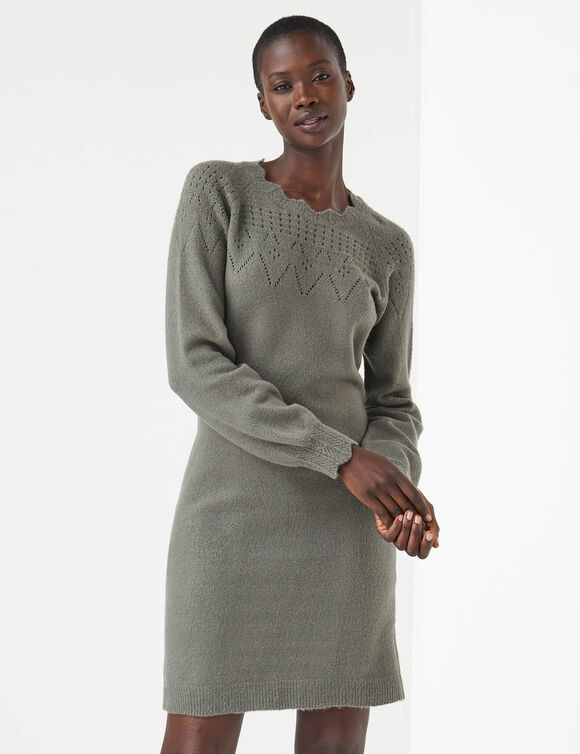 Robe pull finition &eacute;cailles, maille fantaisie (kaki)