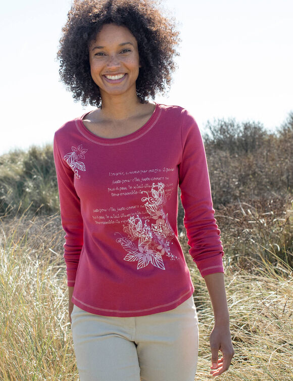 T shirt manches longues imprim&eacute; fleuri (cerise)