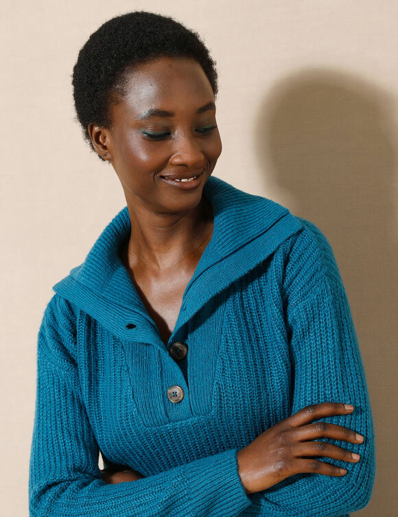 Pull col camionneur, maille anglaise toucher doux (bleu prusse)