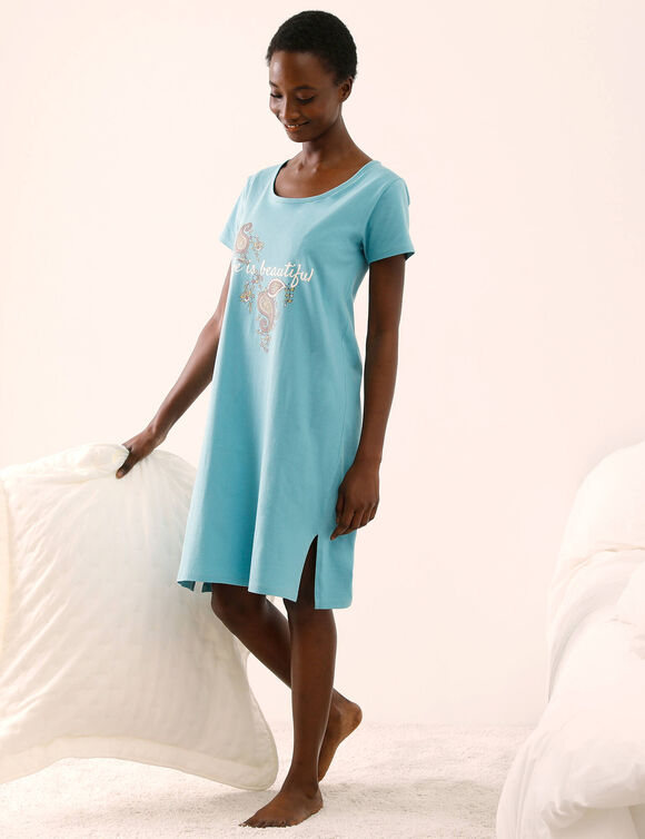 Chemise de nuit courtes manches courtes imprimé message (bleu)