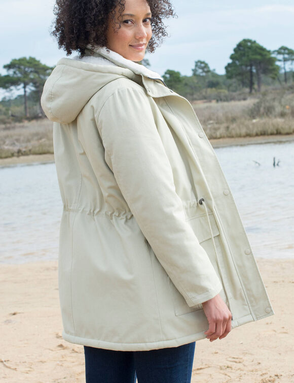 Parka d&eacute;perlante &agrave; capuche, doubl&eacute;e polaire sherpa (mastic)