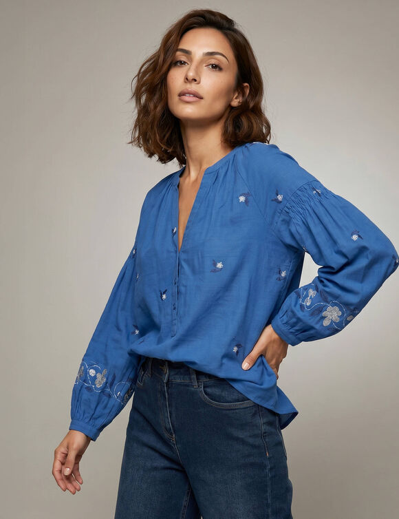 Blouse flanelle, manches 7/8, imprim&eacute; effet broderie (bleu)