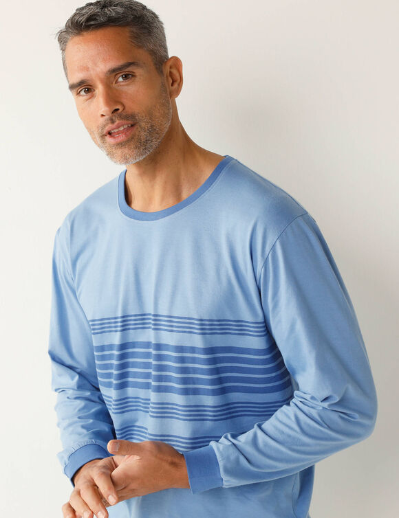 Pyjama coton ray&eacute; manches longues (bleu)