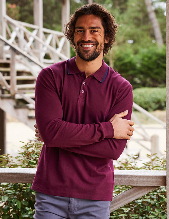Polo uni maille piquée manches longues (bordeaux)