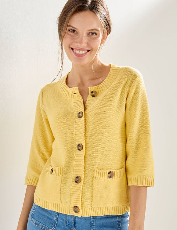 Cardigan boutonn&eacute; &agrave; poches, manches coude (jaune)
