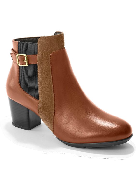 Boots en cuir bi-mati&egrave;re &eacute;lastiqu&eacute;es &agrave; boucle et &agrave; talon (caramel)
